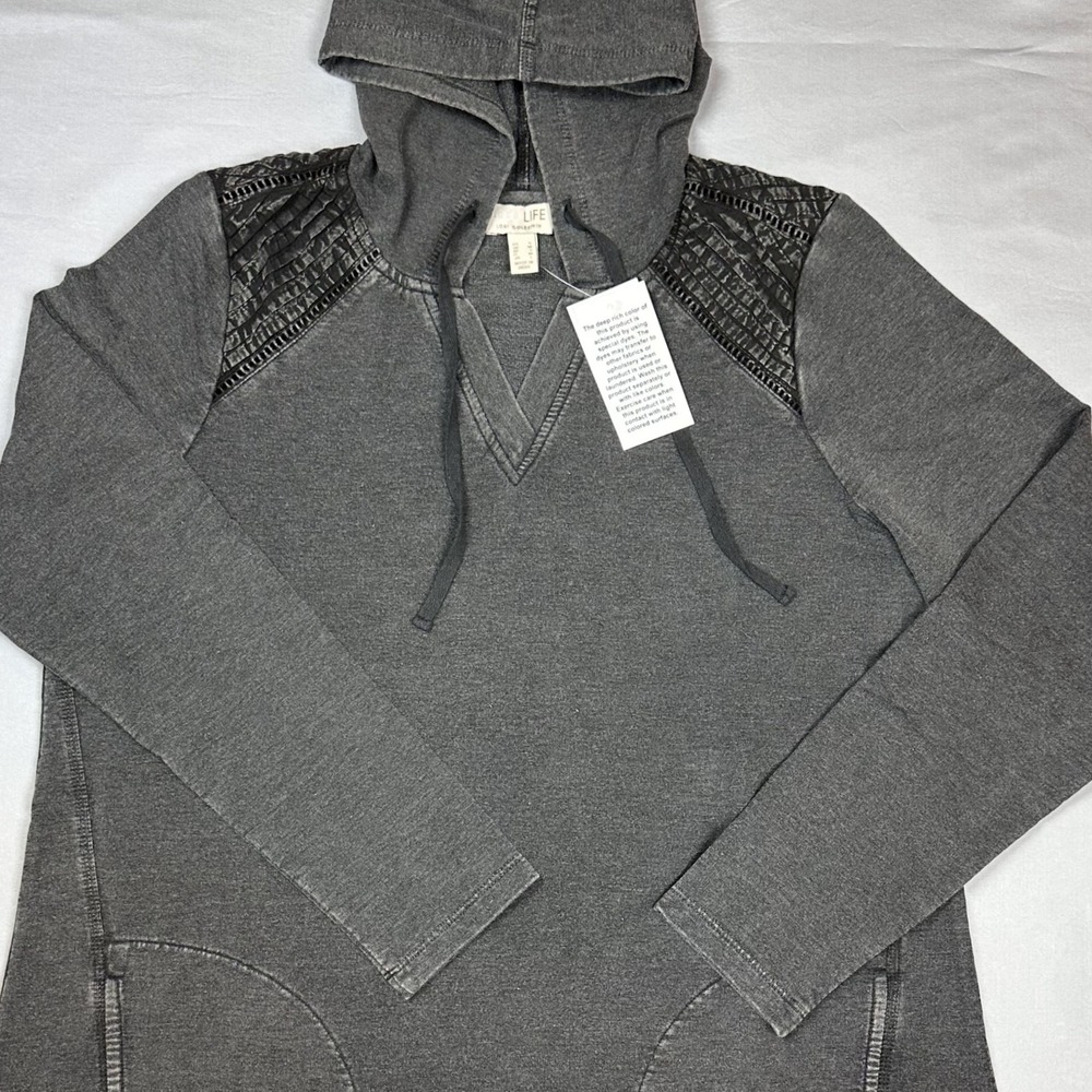 Lori Goldstein Black‎ Charcoal Gray Quilted Shoulder Hoodie Top Cozycore Soft